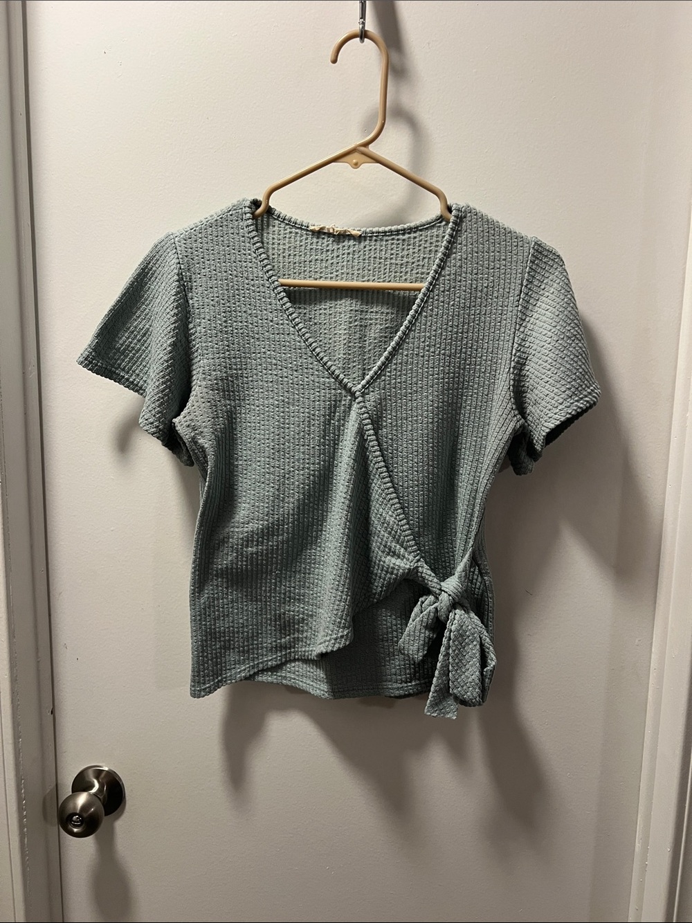 Caution To The Wind Sage Green Waffle Knit Tie-Waist Top